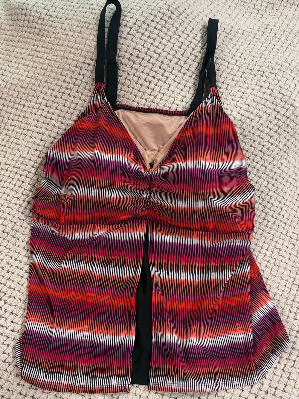 Ava & Viv Red Pink Striped Ruched Tankini Camisole
